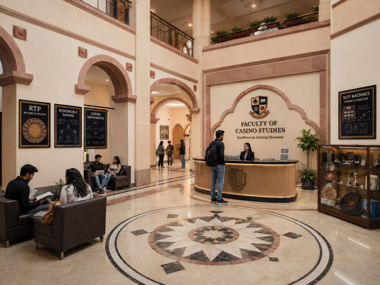 Casino campus training room with slot machines and digital gaming screens