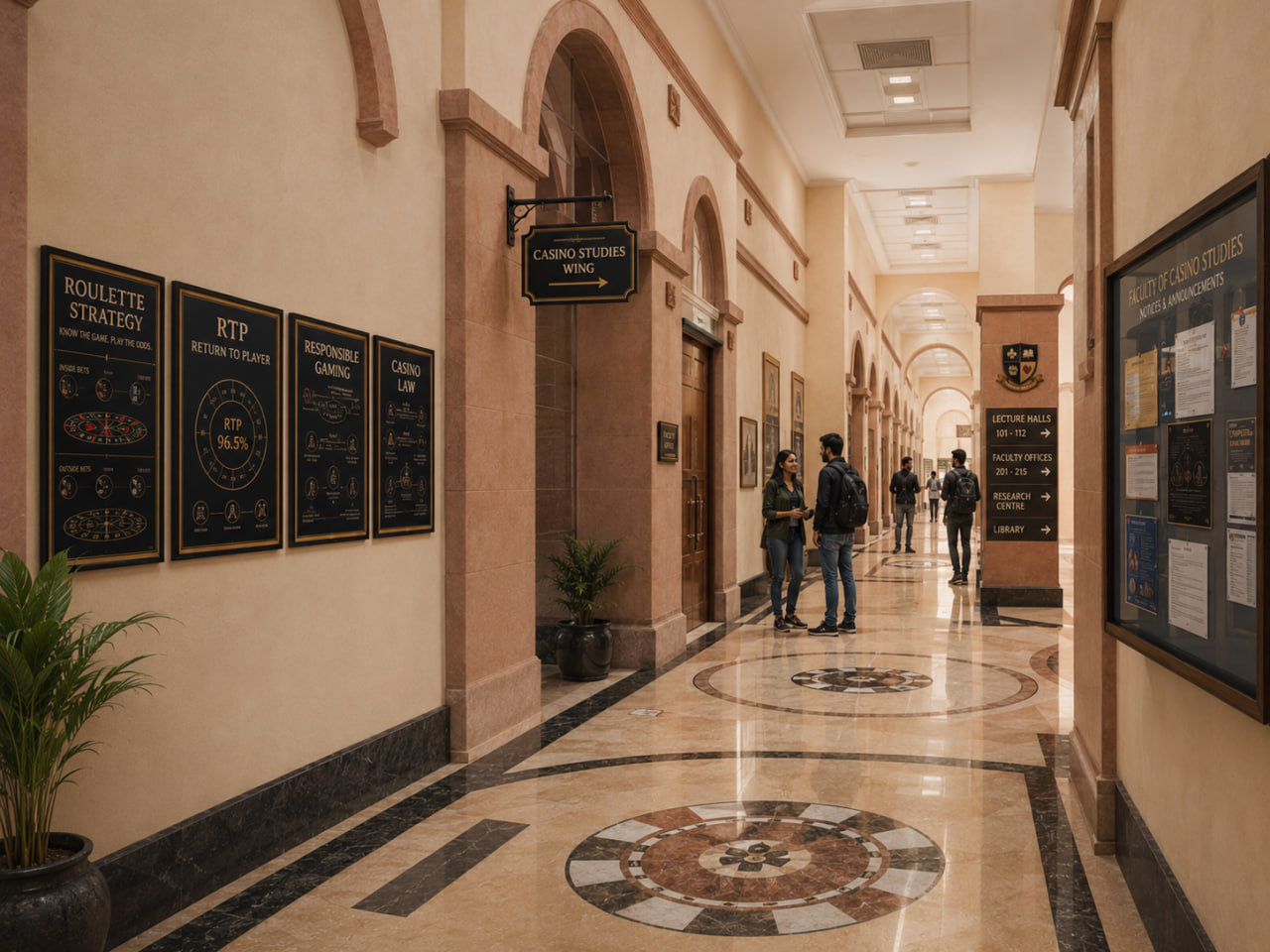 Modern corridor connecting iGaming classrooms, slot testing room and betting analytics lab